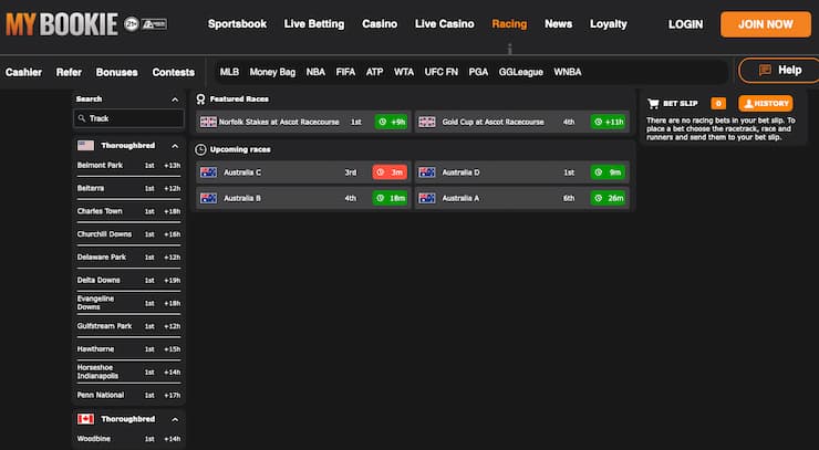 A view of the betting interface on MyBookie, one of the best horse racing sportsbooks.